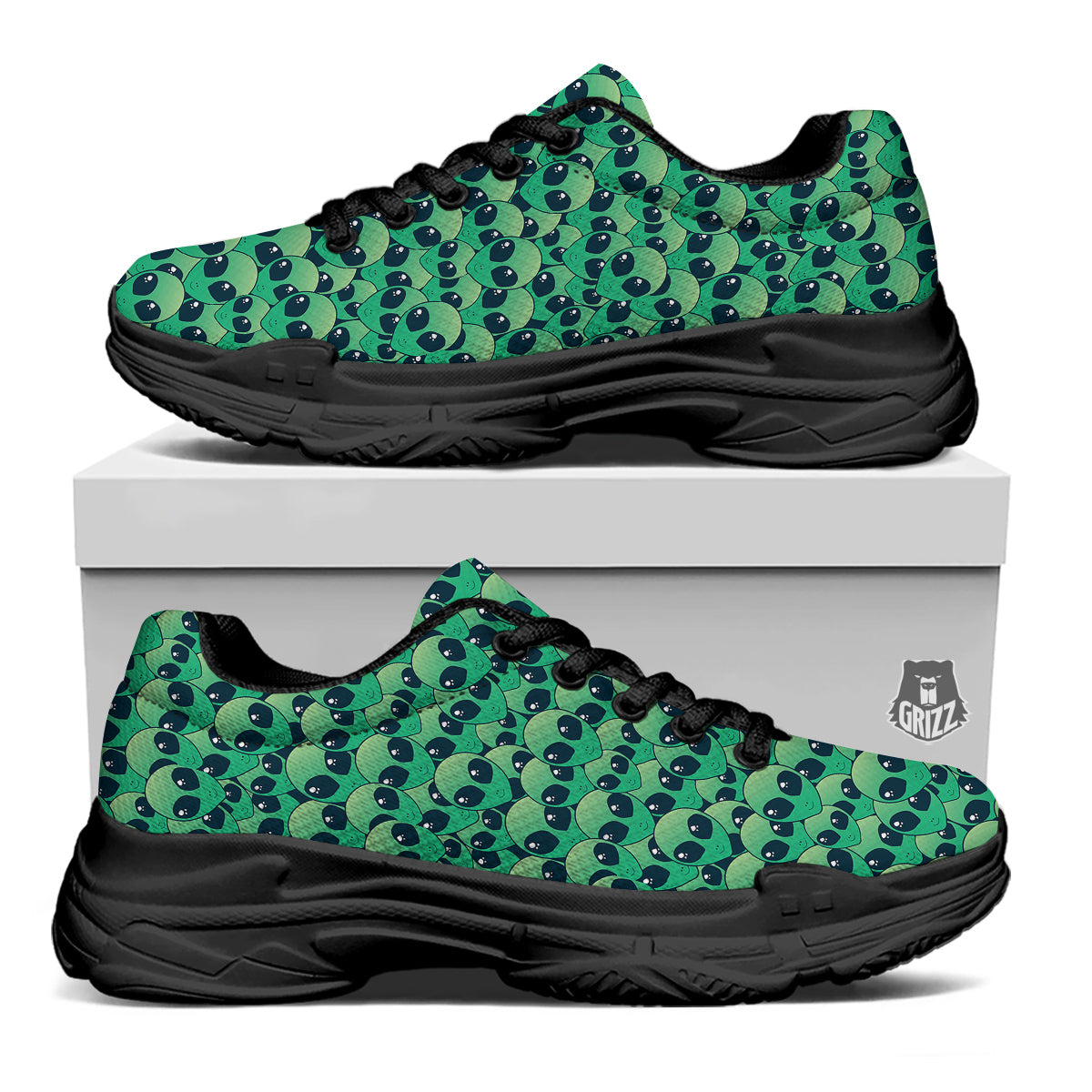 Alien UFO Green Cute Print Black Chunky Shoes-grizzshop