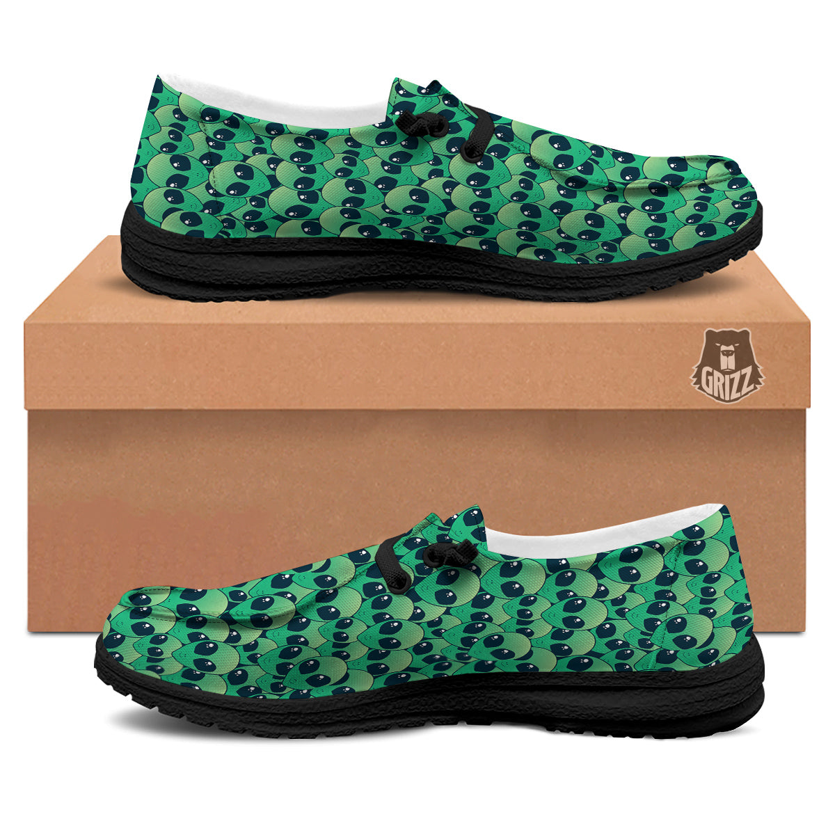 Alien UFO Green Cute Print Black Loafers-grizzshop