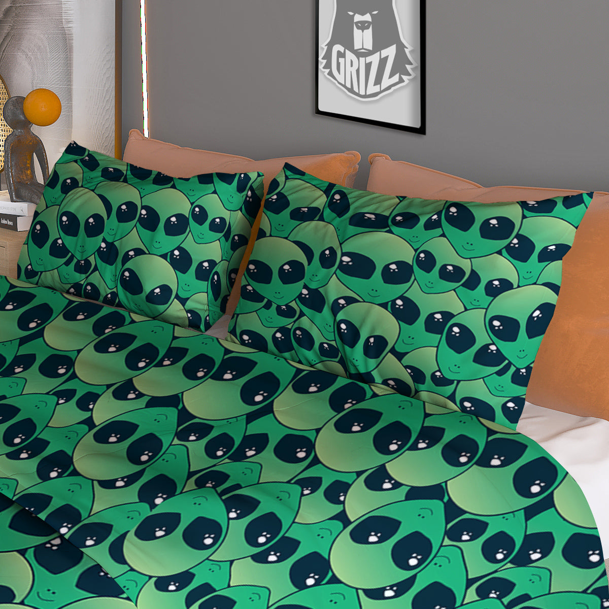 Alien UFO Green Cute Print Duvet Cover Bedding Set