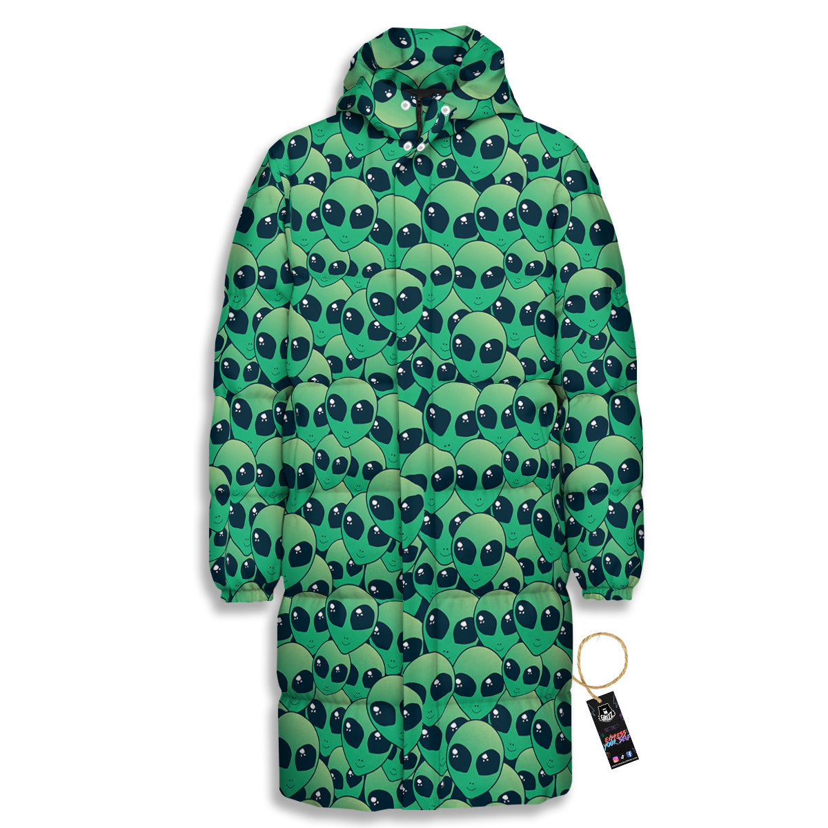 Alien UFO Green Cute Print Long Down Jacket-grizzshop