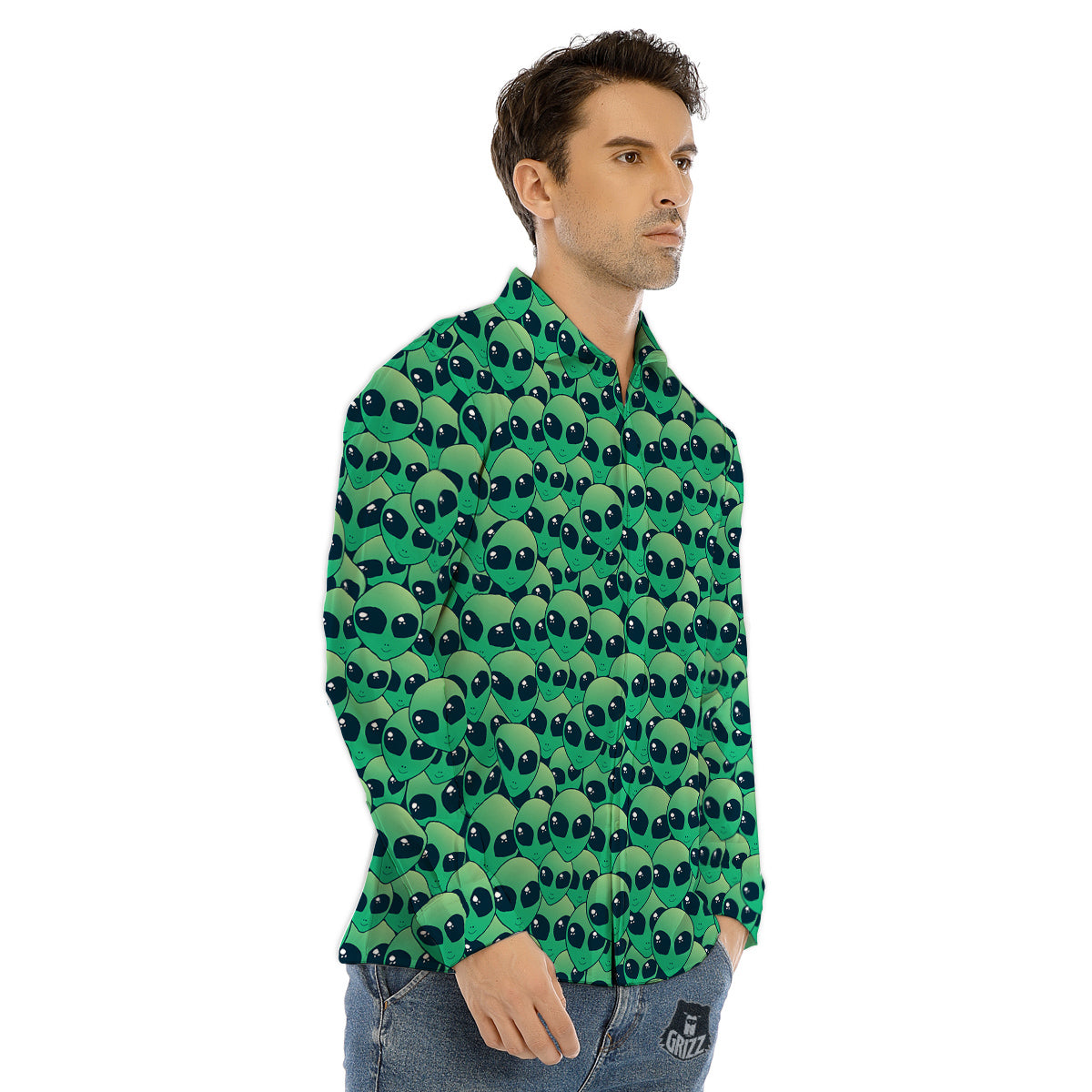 Alien UFO Green Cute Print Men's Dress Shirts-grizzshop