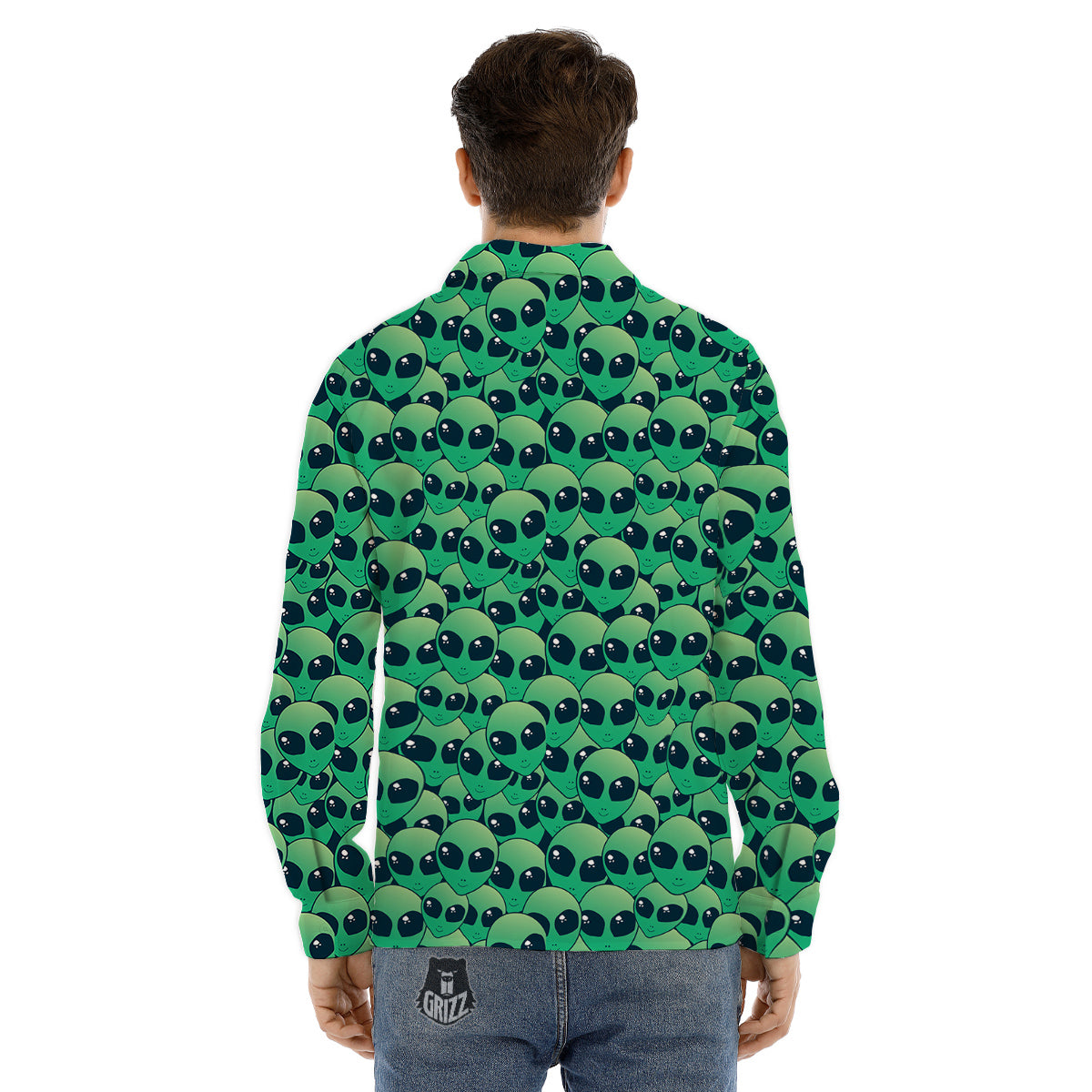 Alien UFO Green Cute Print Men's Dress Shirts-grizzshop