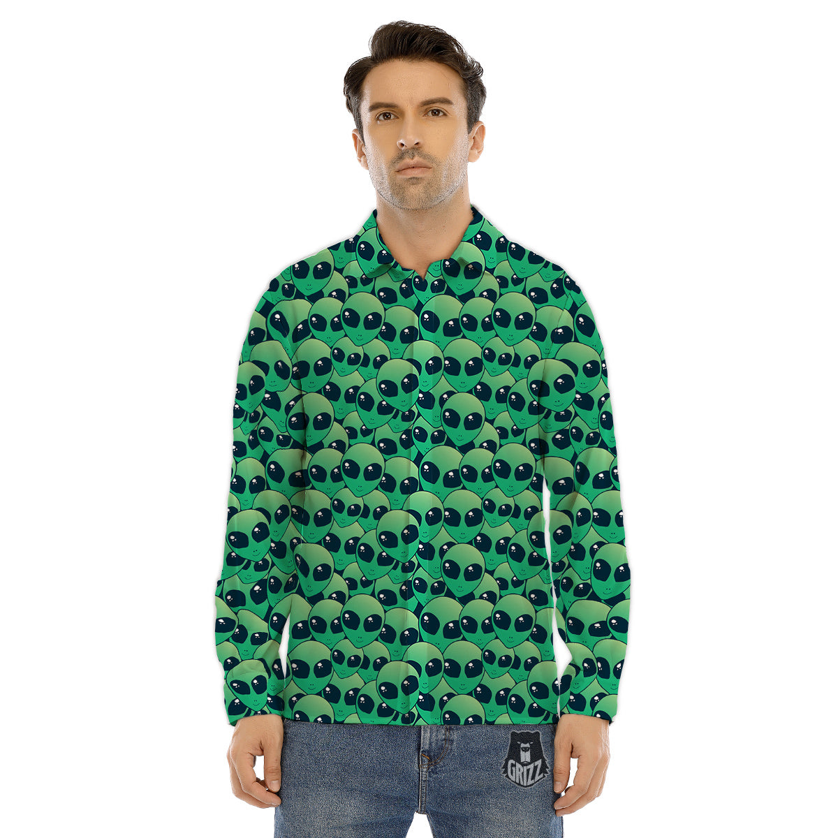 Alien UFO Green Cute Print Men's Dress Shirts-grizzshop