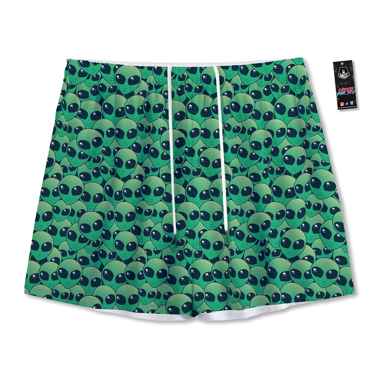 Alien UFO Green Cute Print Mesh Shorts