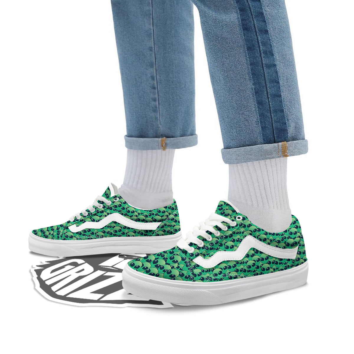 Alien UFO Green Cute Print Skate Shoes-grizzshop