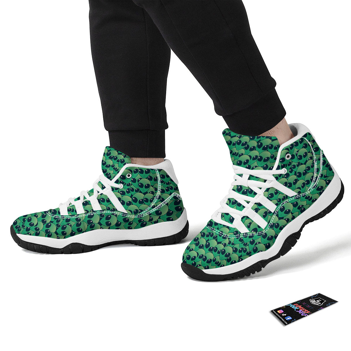 Alien UFO Green Cute Print White Bball Shoes-grizzshop