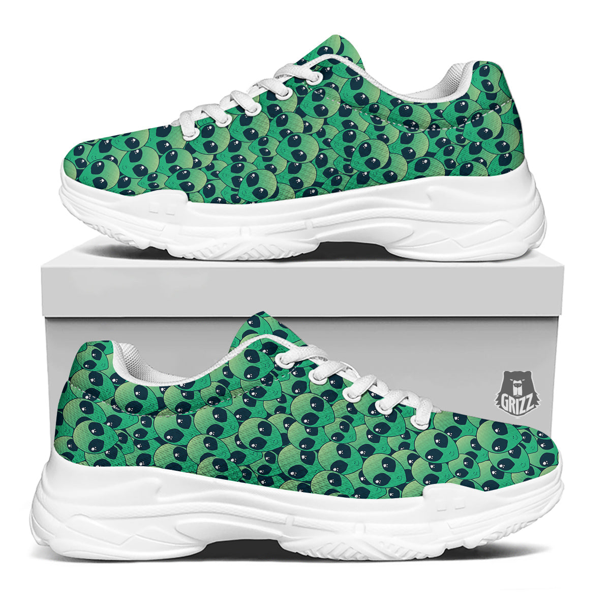 Alien UFO Green Cute Print White Chunky Shoes-grizzshop