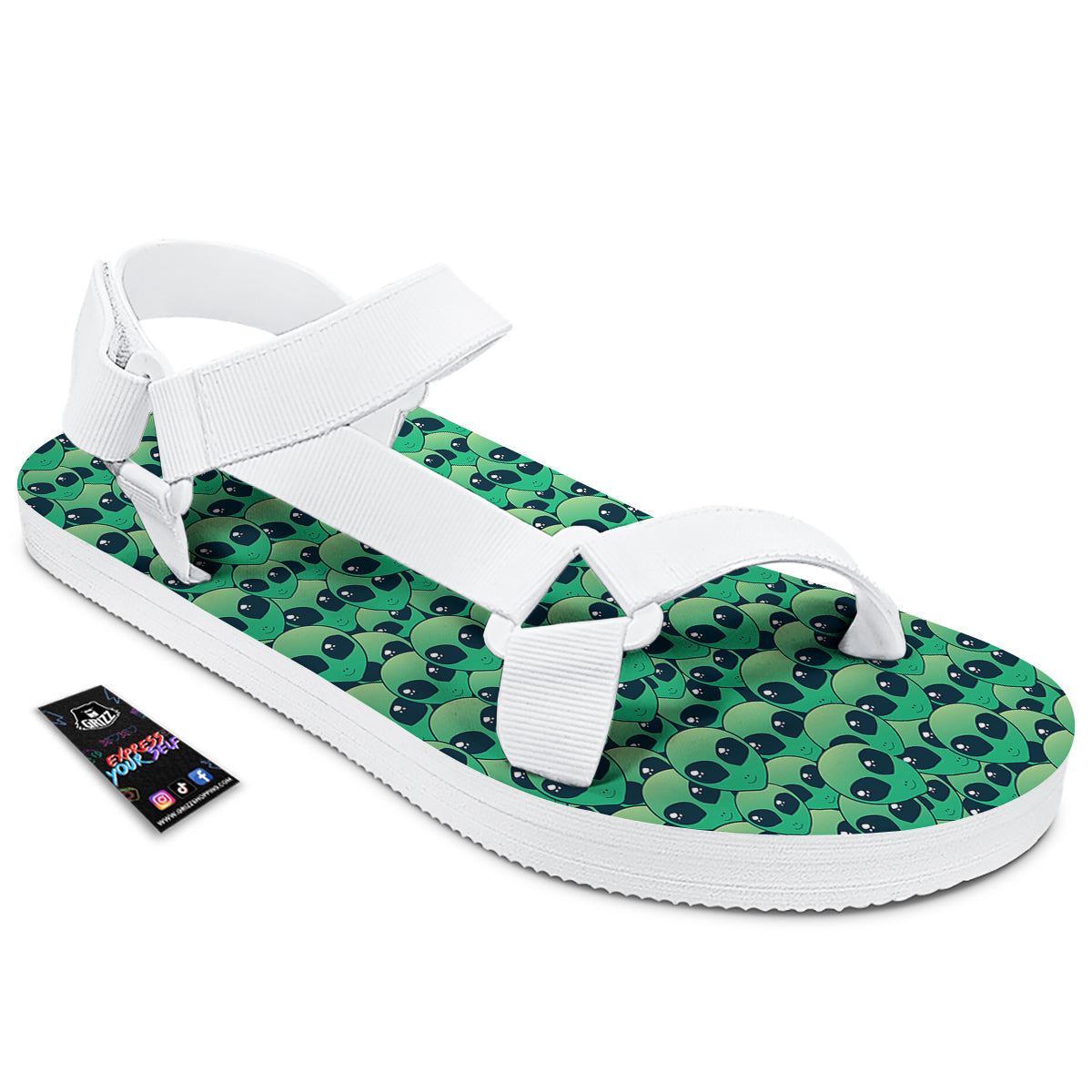 Alien UFO Green Cute Print White Open Toe Sandals-grizzshop