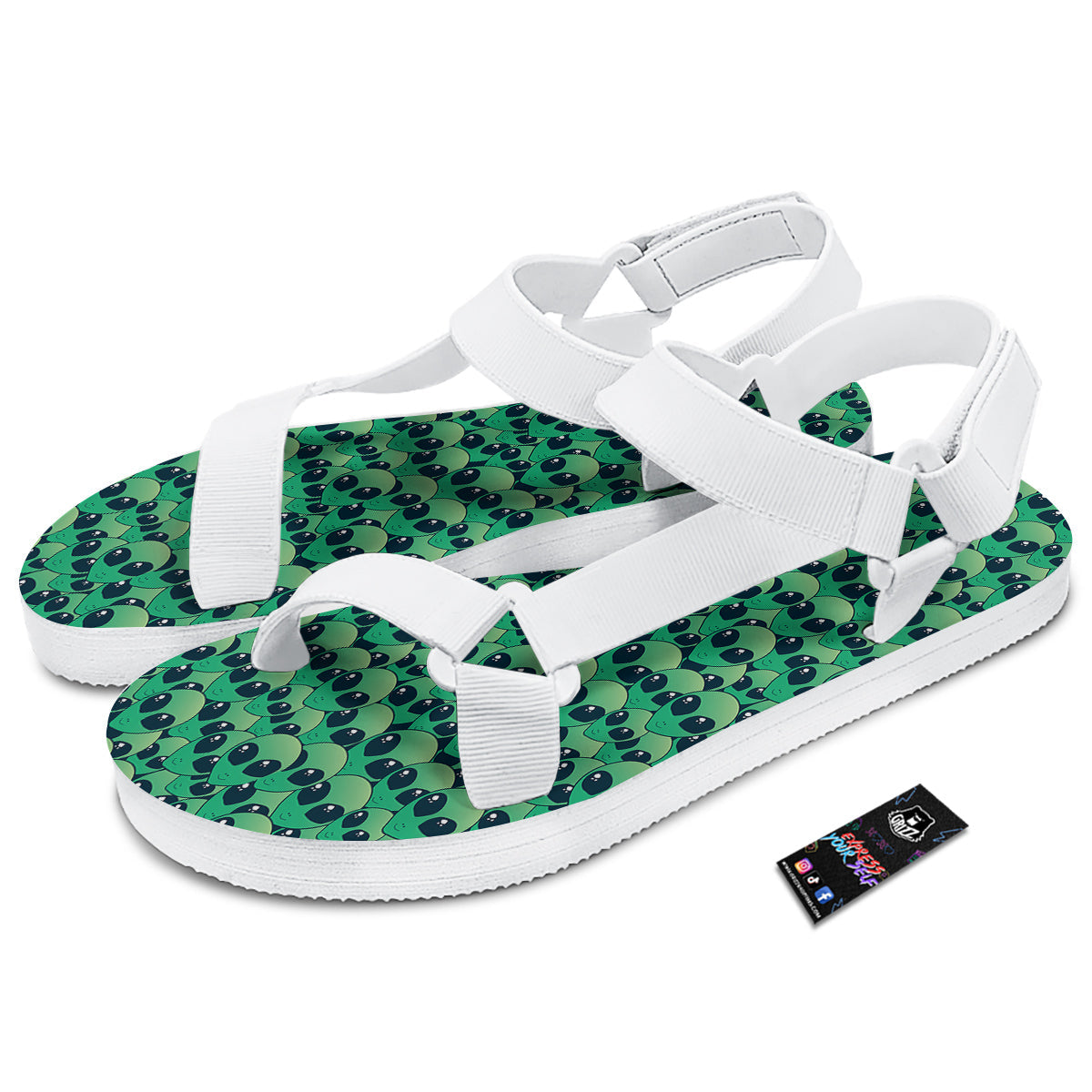 Alien UFO Green Cute Print White Open Toe Sandals-grizzshop