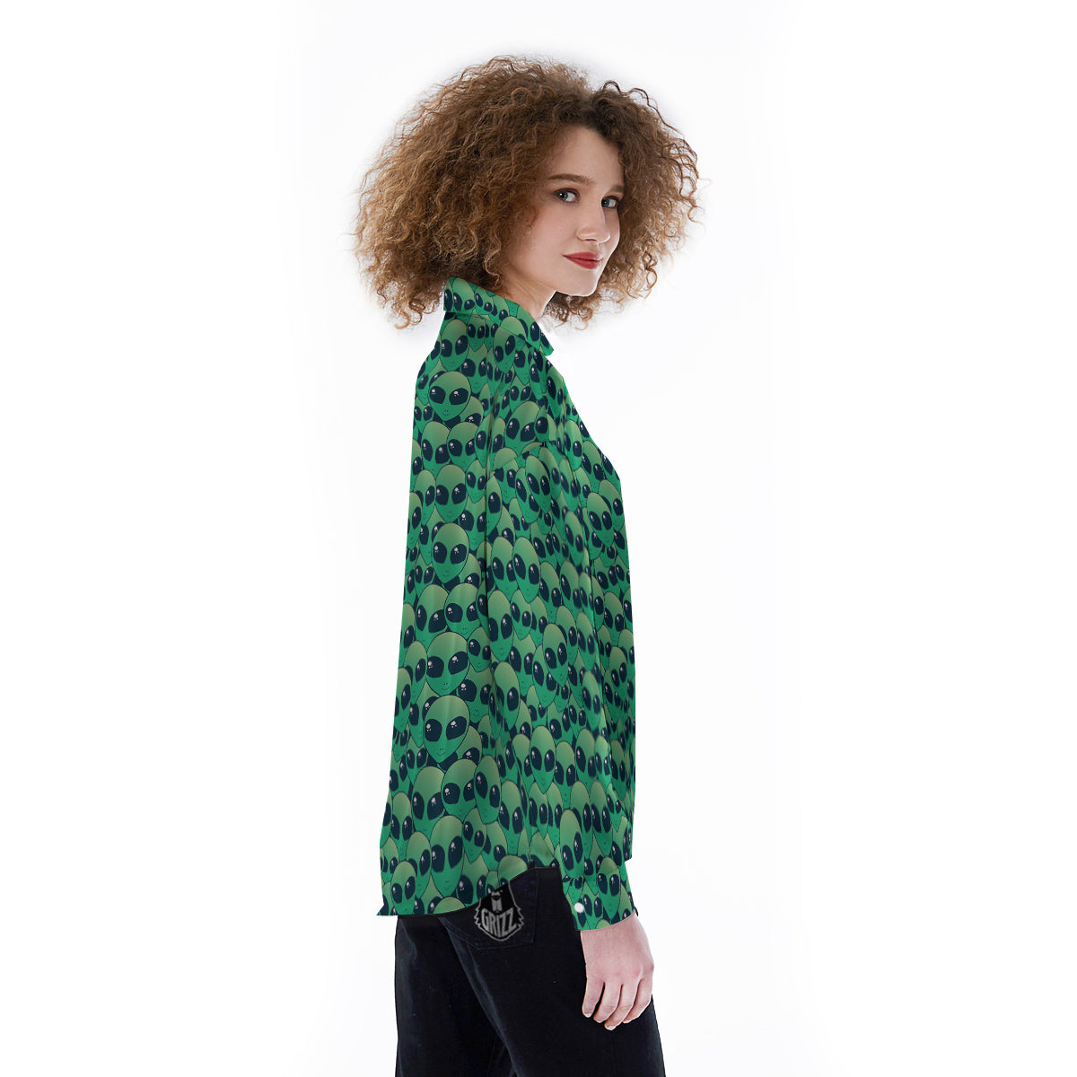 Alien UFO Green Cute Print Women's Long Sleeve Shirts-grizzshop