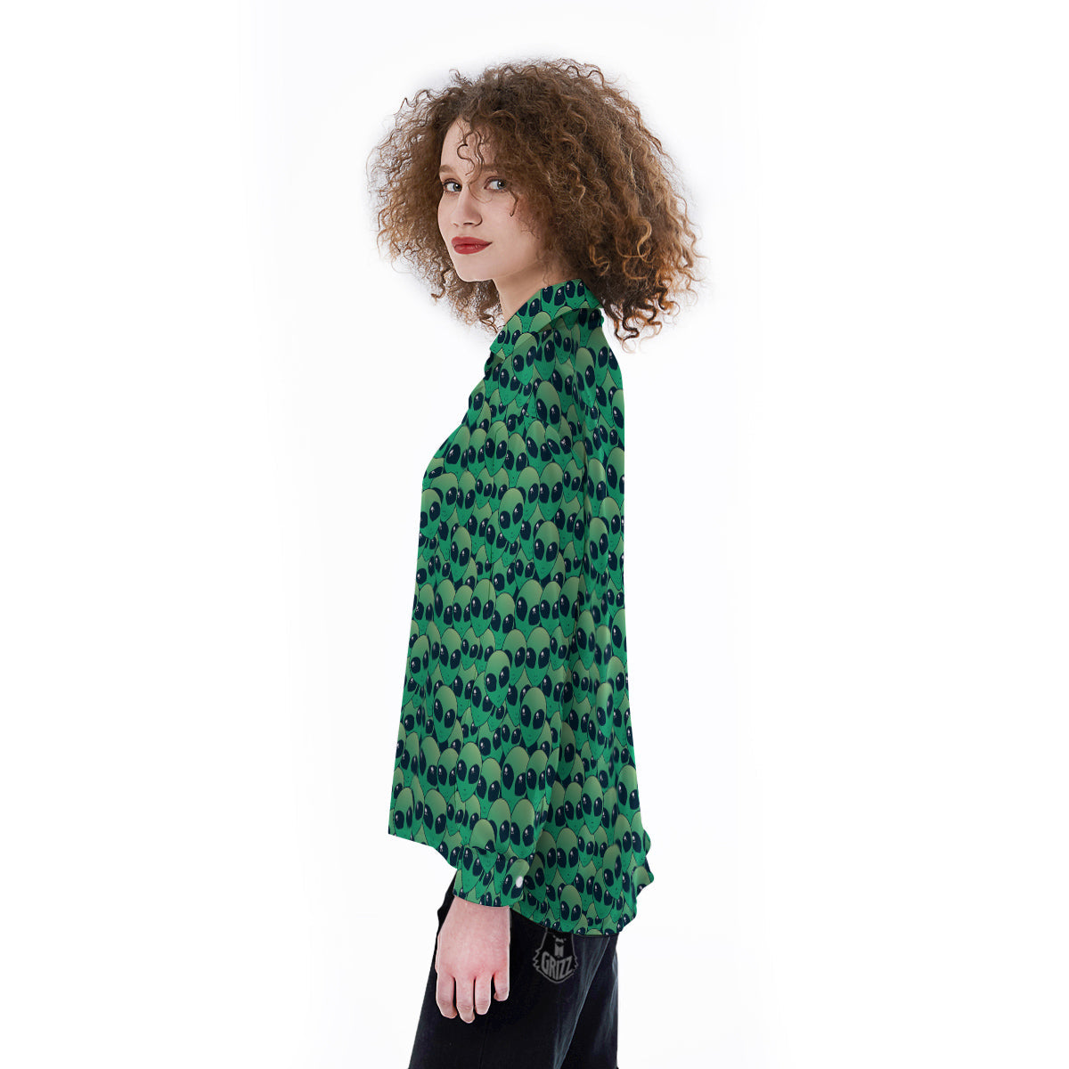 Alien UFO Green Cute Print Women's Long Sleeve Shirts-grizzshop