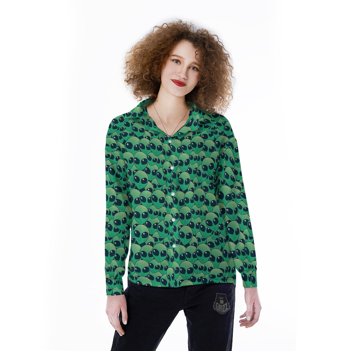 Alien UFO Green Cute Print Women's Long Sleeve Shirts-grizzshop