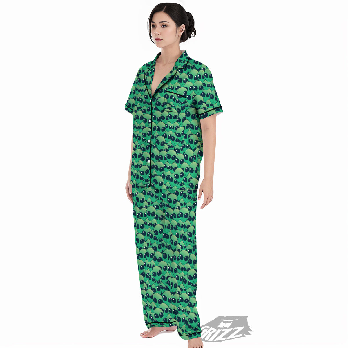 Alien UFO Green Cute Print Women's Pajamas Set-grizzshop
