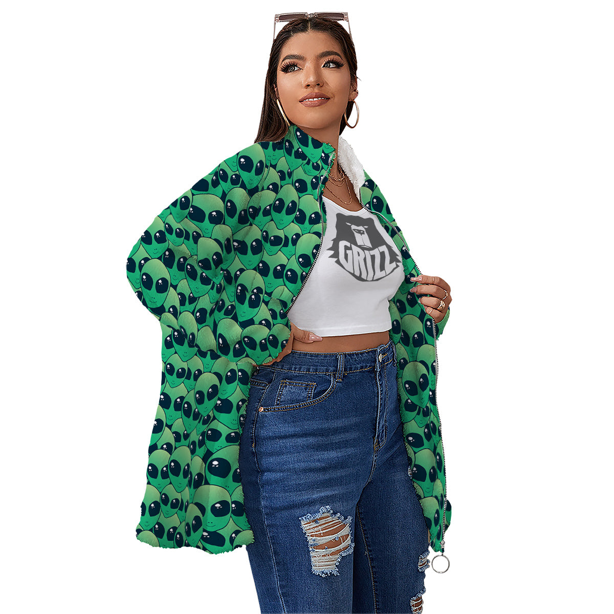 Alien UFO Green Cute Print Women's Sherpa Jacket-grizzshop