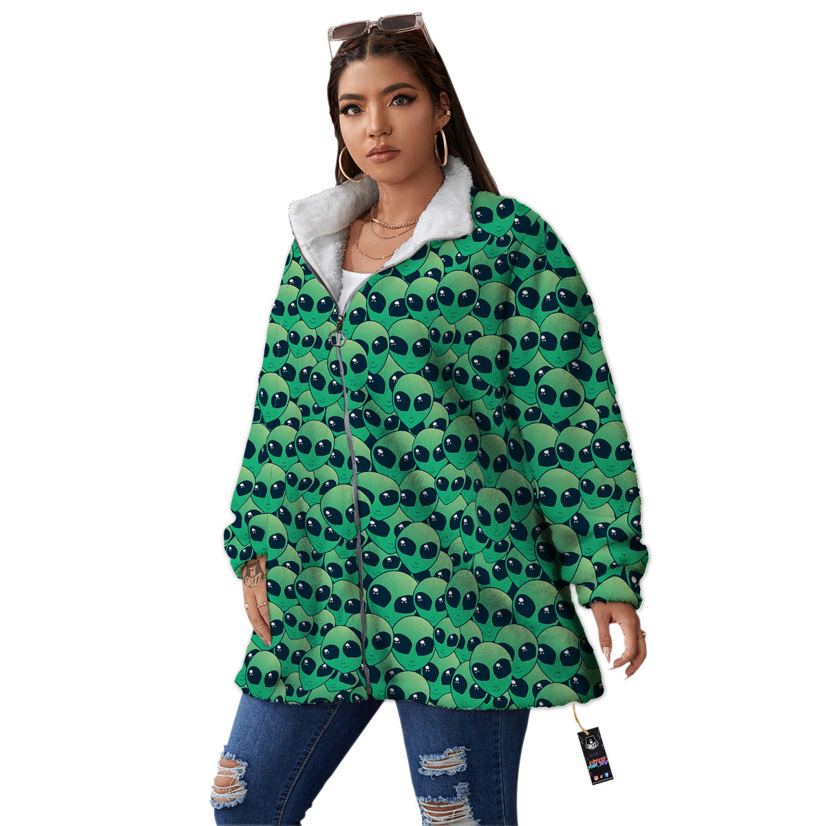 Alien UFO Green Cute Print Women's Sherpa Jacket-grizzshop