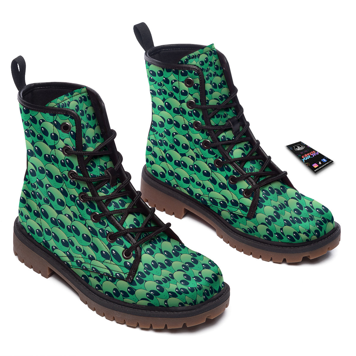 Alien UFO Green Cute Print Work Boots-grizzshop