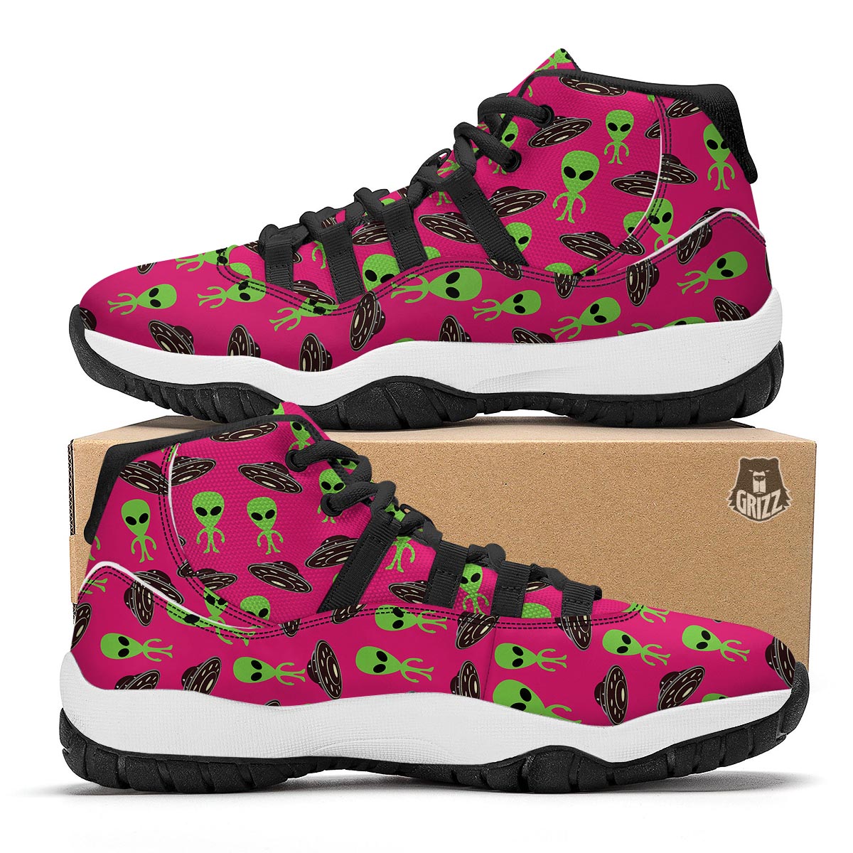 Alien Ufo Pink Pattern Print Black Bball Shoes-grizzshop