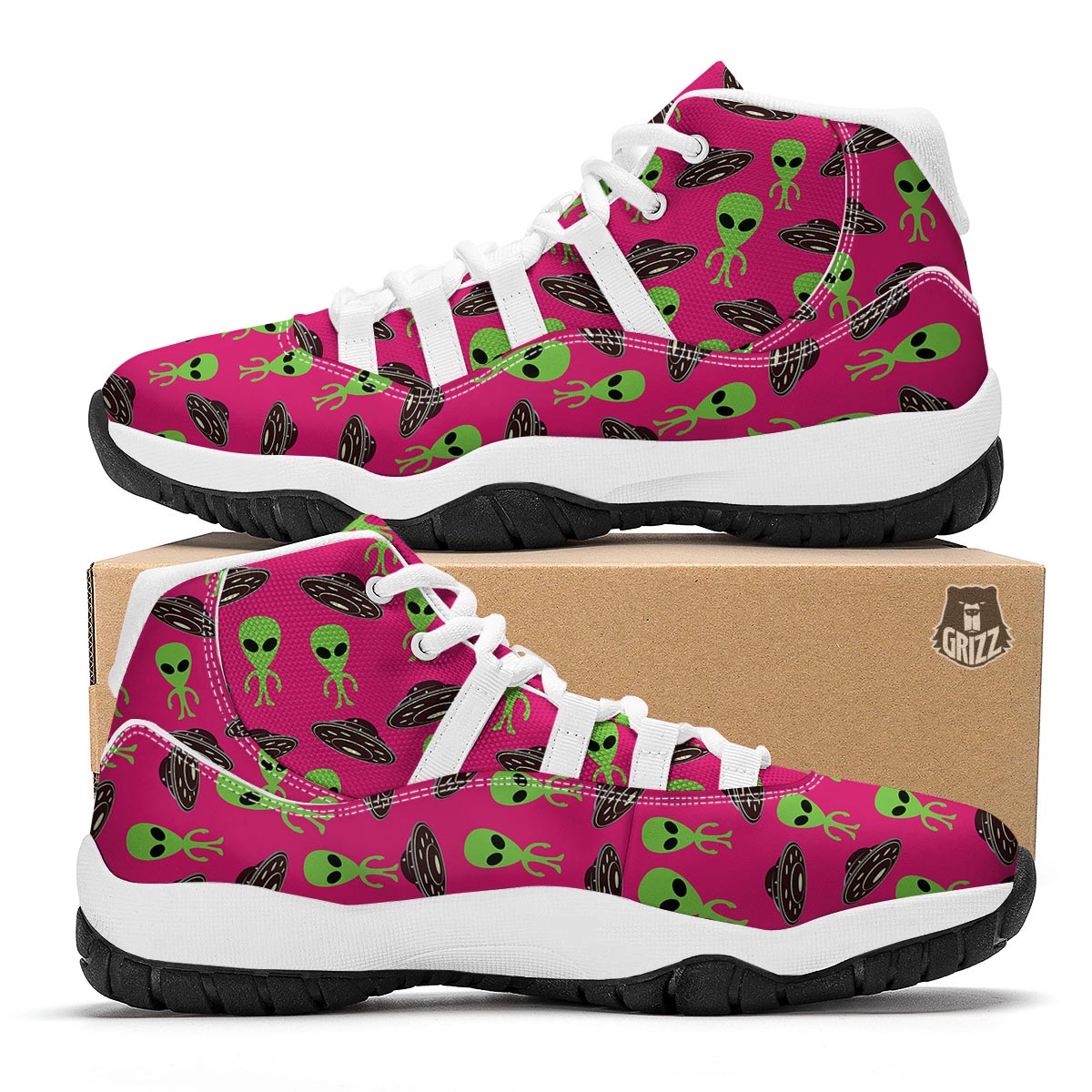 Alien Ufo Pink Pattern Print White Bball Shoes-grizzshop