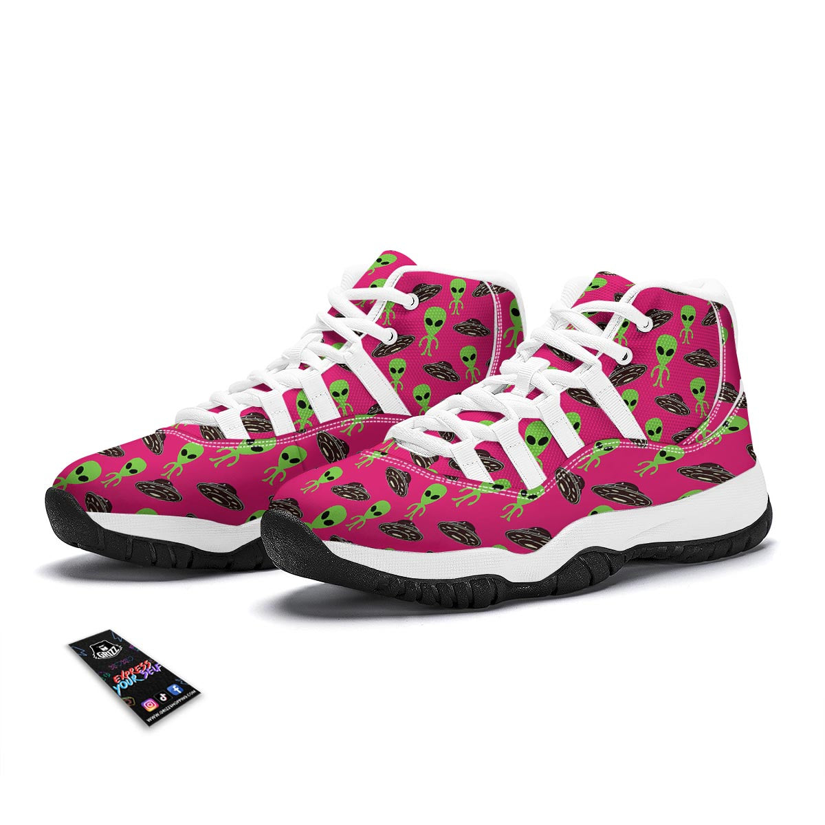 Alien Ufo Pink Pattern Print White Bball Shoes-grizzshop