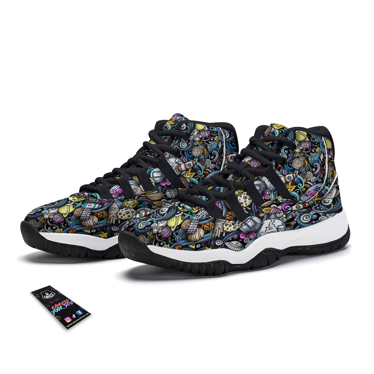 Alien Ufo Psychedelic Pattern Print Black Bball Shoes-grizzshop