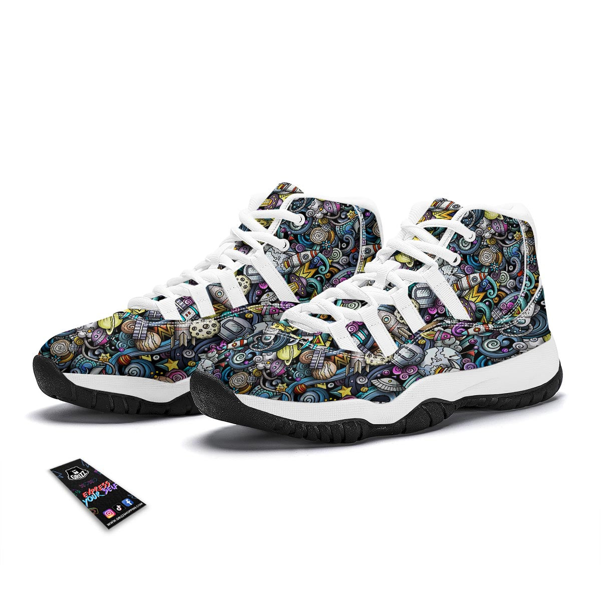 Alien Ufo Psychedelic Pattern Print White Bball Shoes-grizzshop
