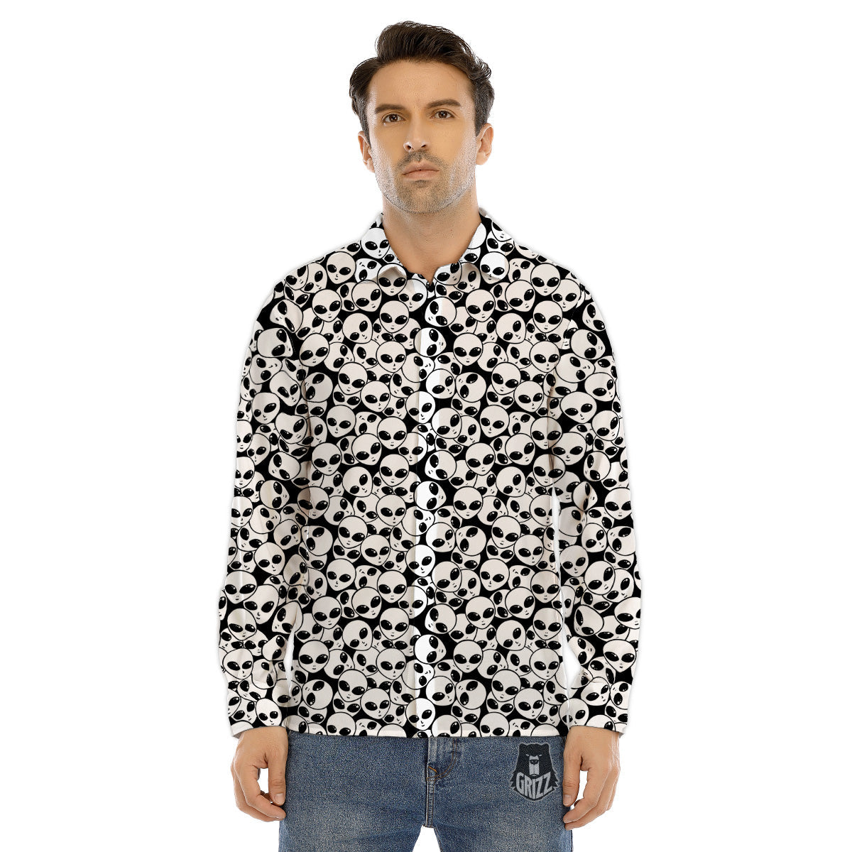 Alien White And Black Print Men's Dress Shirts-grizzshop
