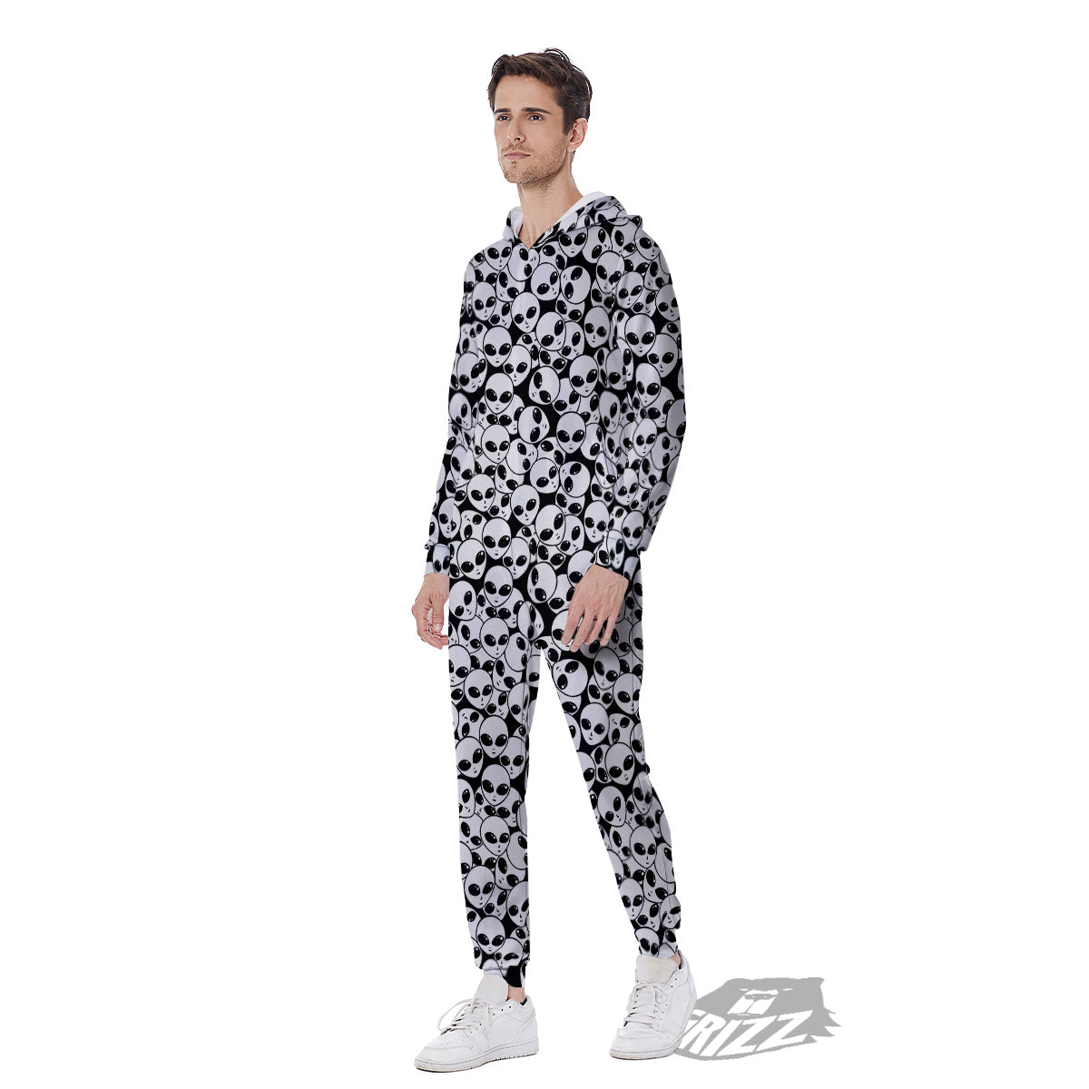 Alien White And Black Print Men's Jumpsuit-grizzshop