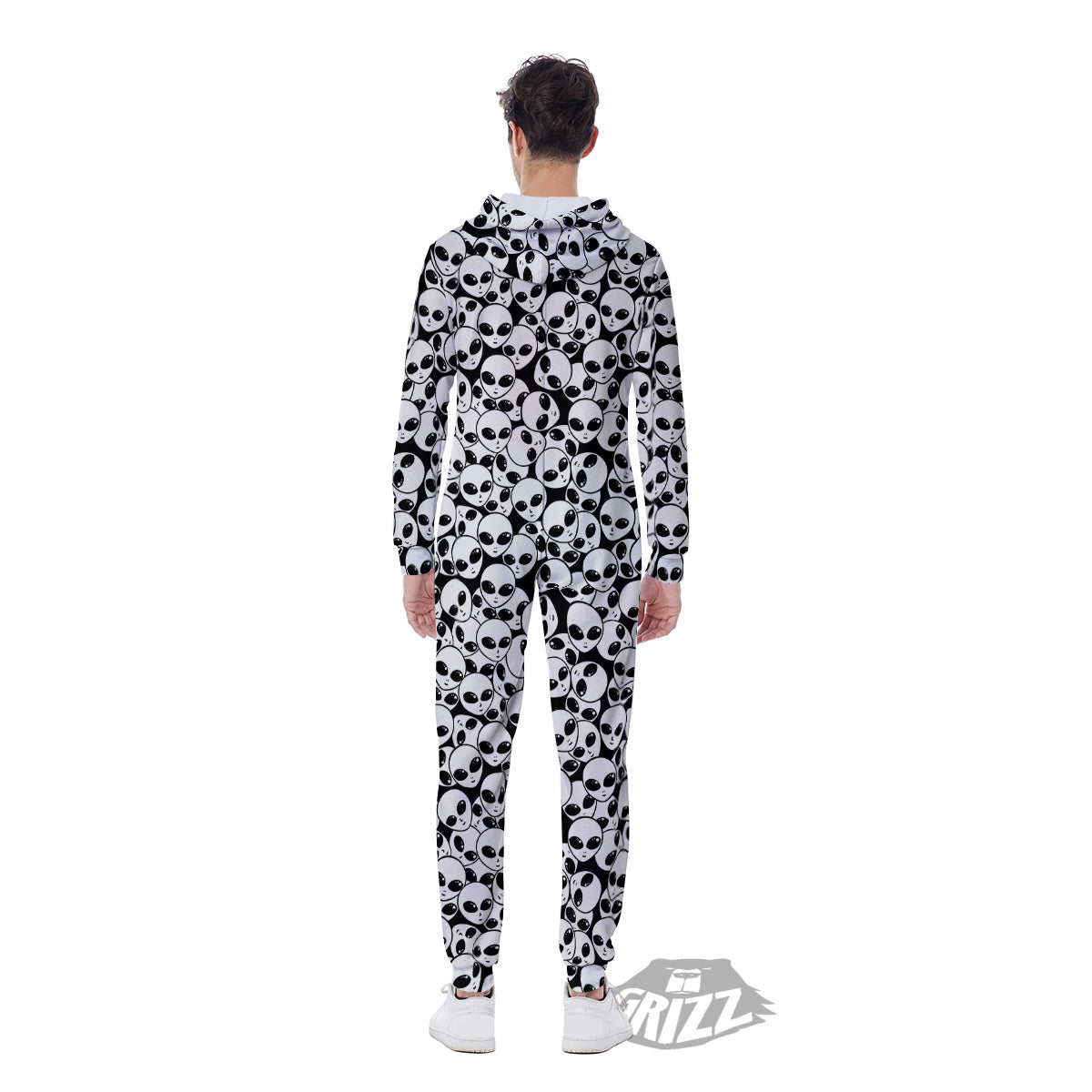 Alien White And Black Print Men's Jumpsuit-grizzshop