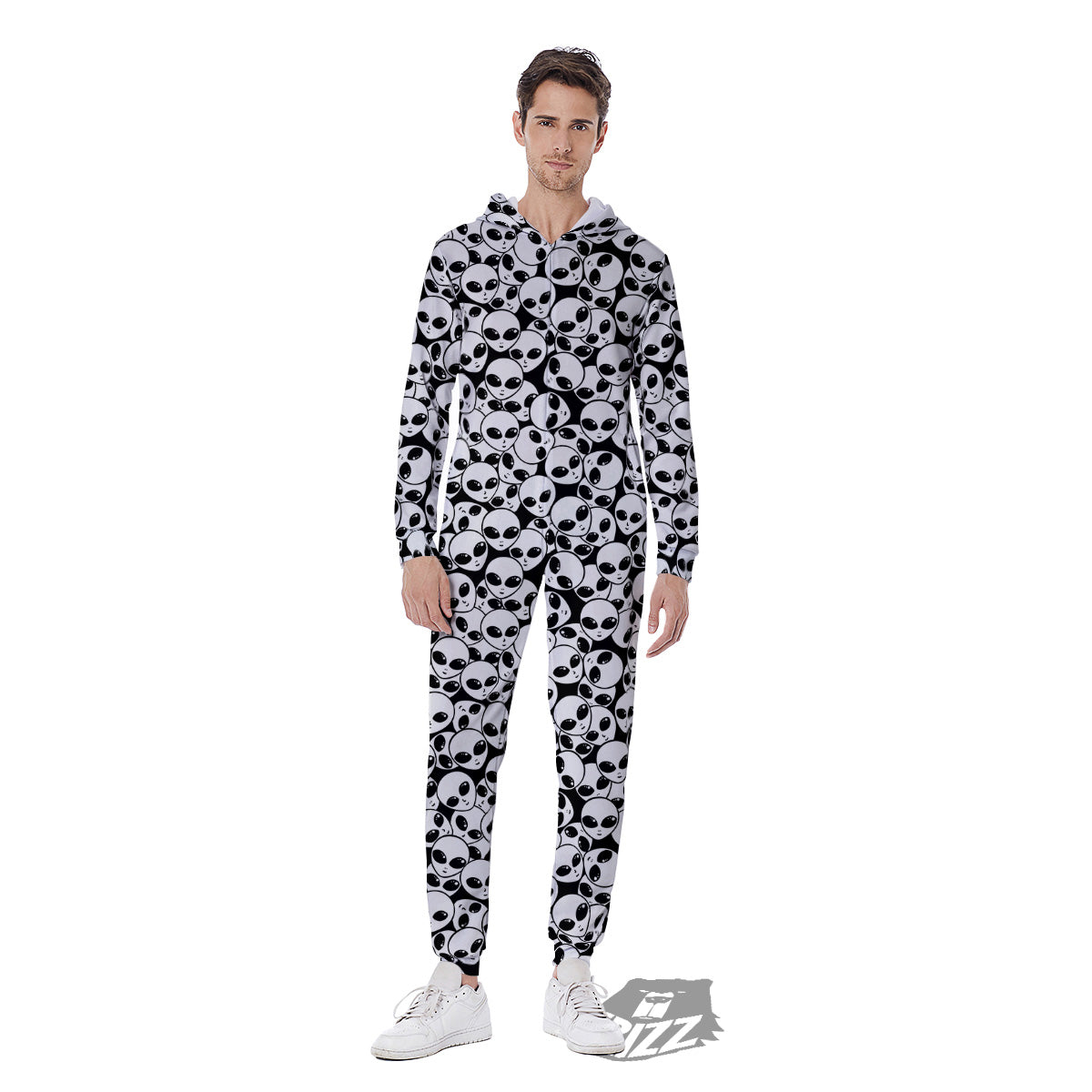 Alien White And Black Print Men's Jumpsuit-grizzshop