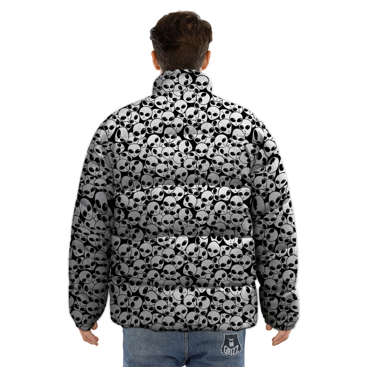 Alien White And Black Print Puffer Jacket-grizzshop