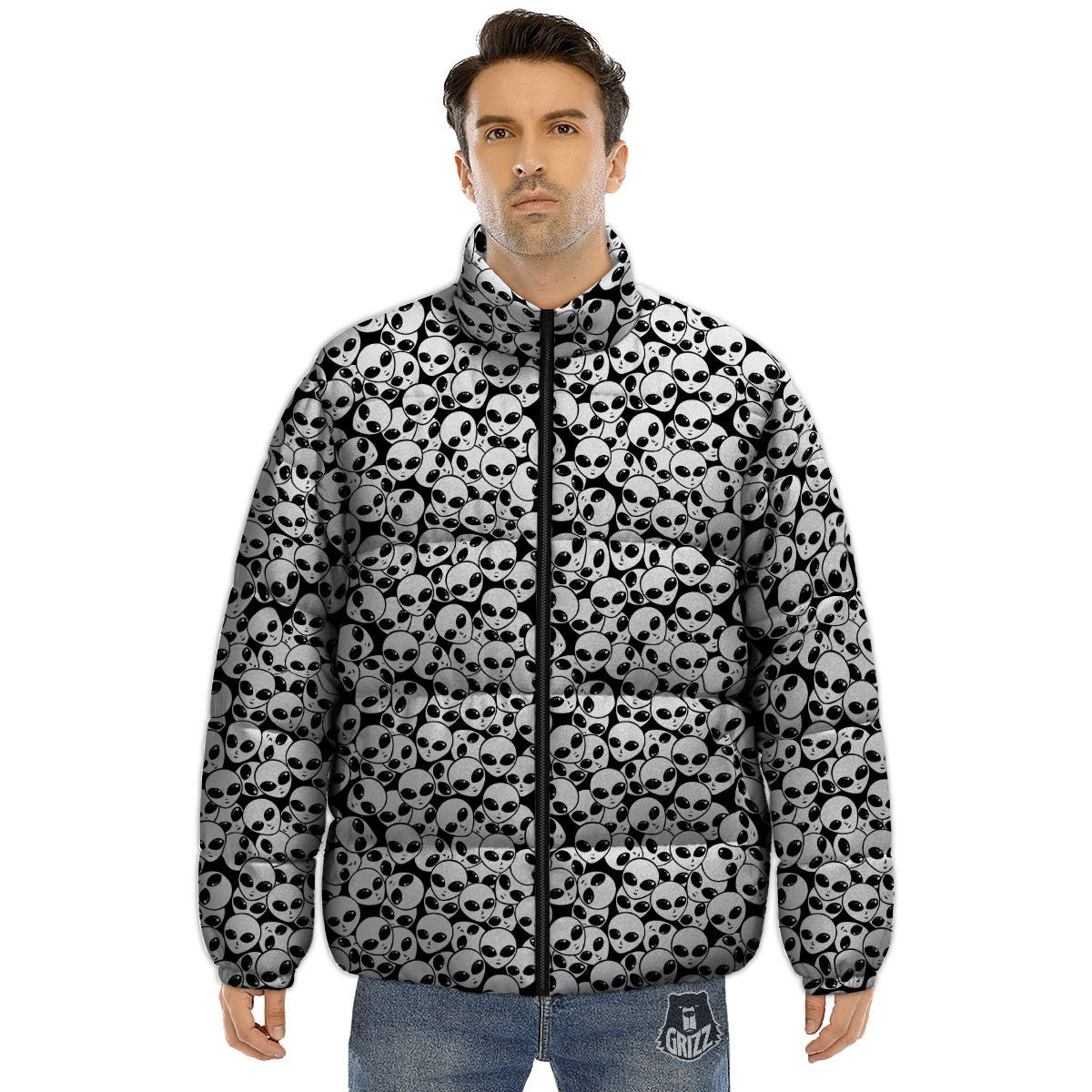 Alien White And Black Print Puffer Jacket-grizzshop
