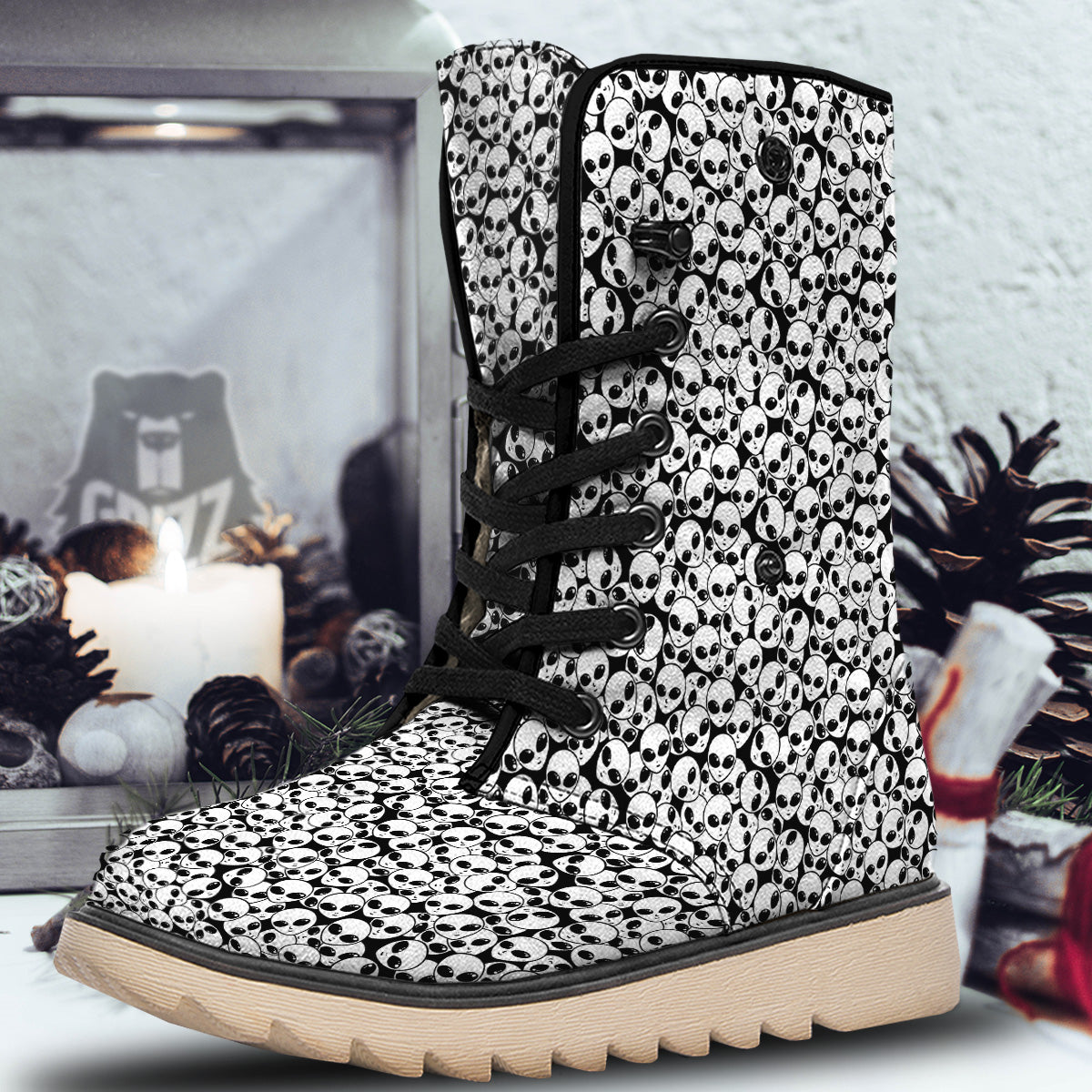 Alien White And Black Print Snow Boots-grizzshop