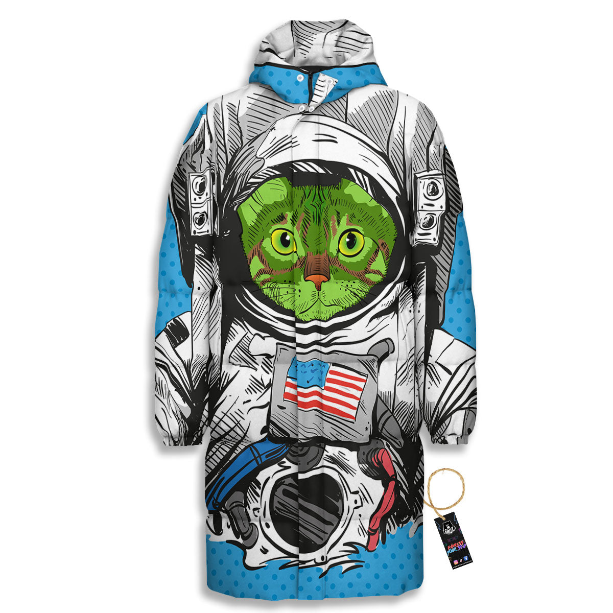 Alien Cat Astronaut Print Long Down Jacket