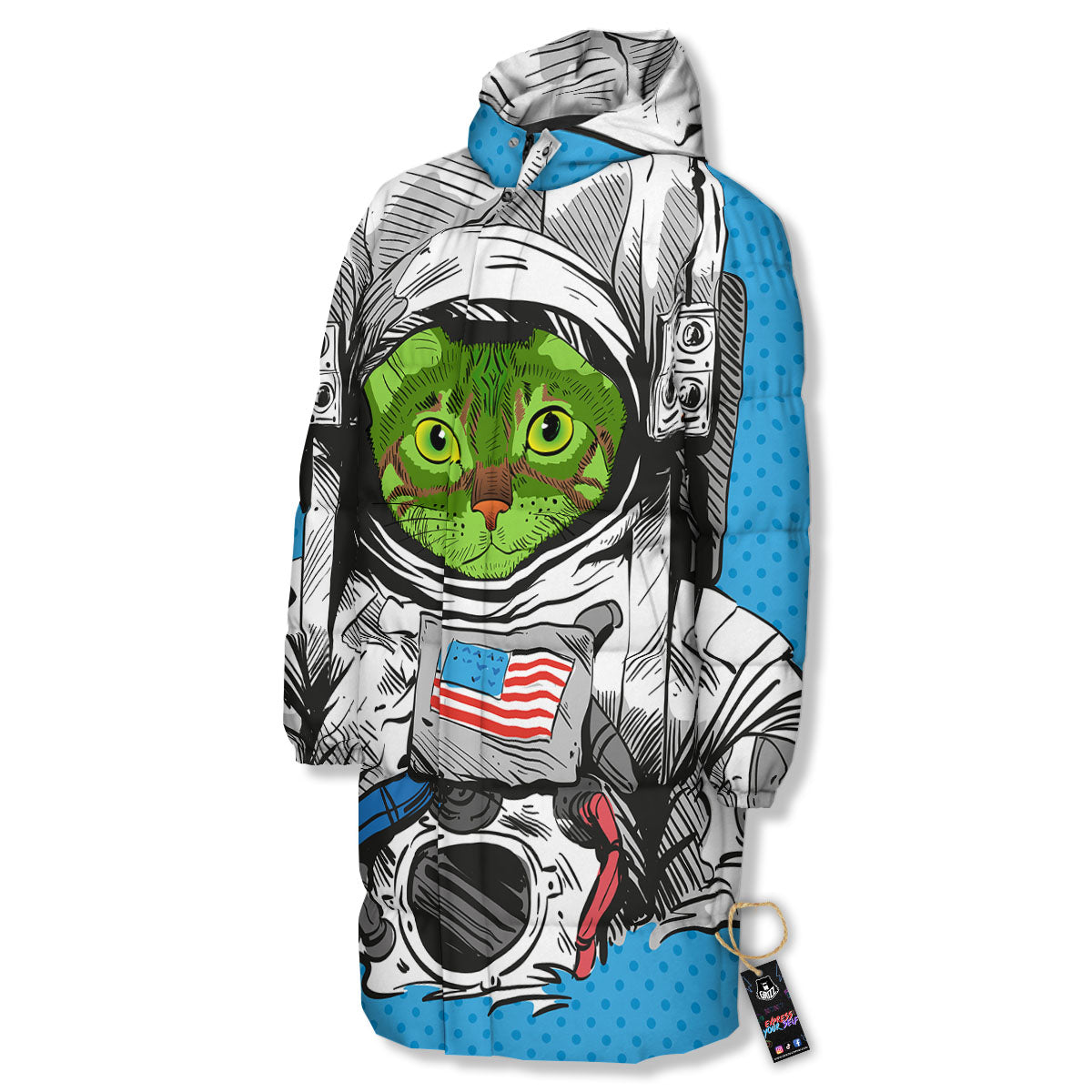 Alien Cat Astronaut Print Long Down Jacket