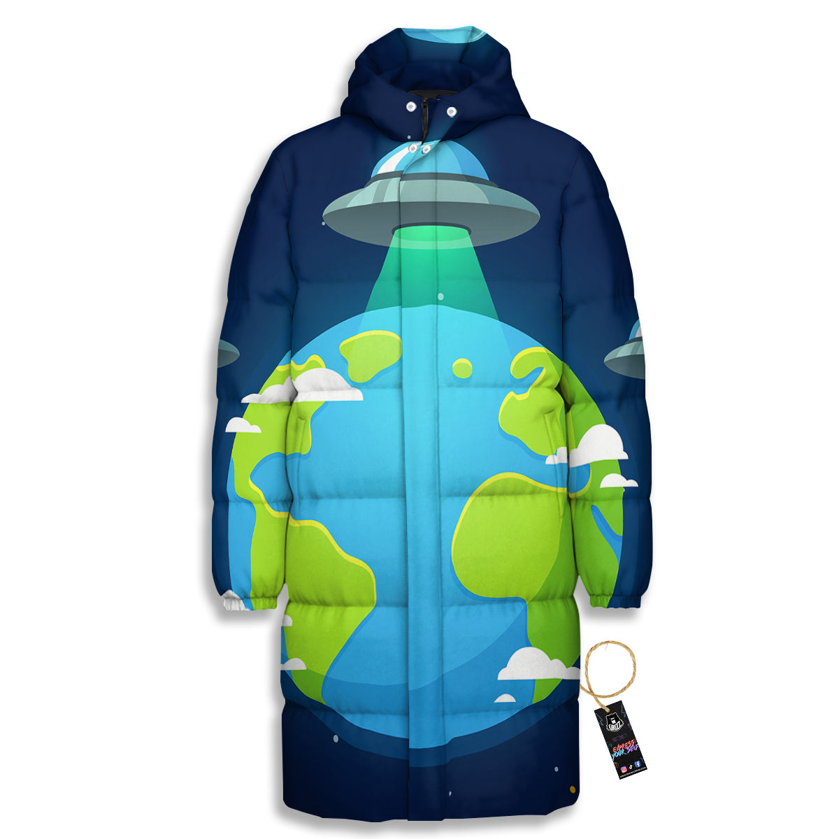 Alien Invasion And Earth Print Long Down Jacket