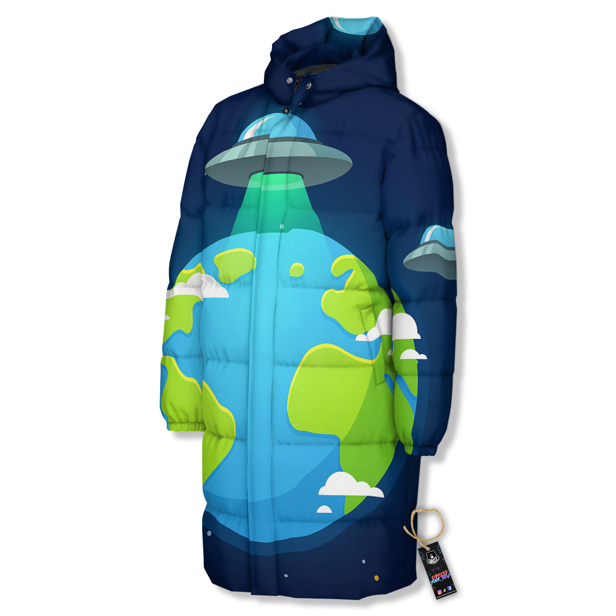 Alien Invasion And Earth Print Long Down Jacket