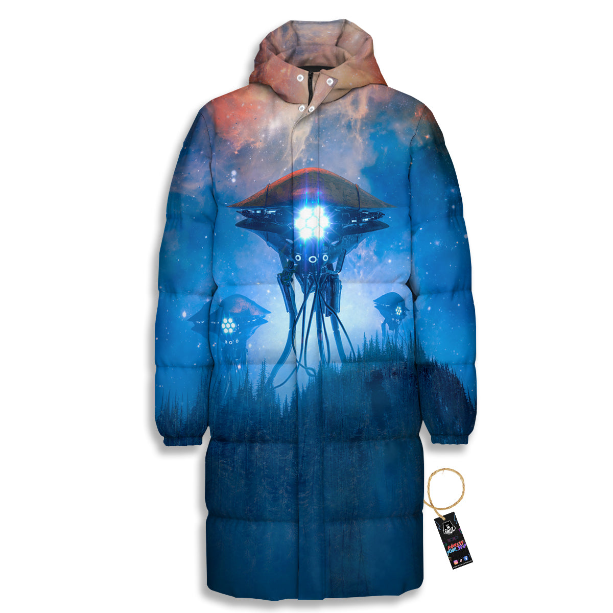 Alien Machines Print Long Down Jacket