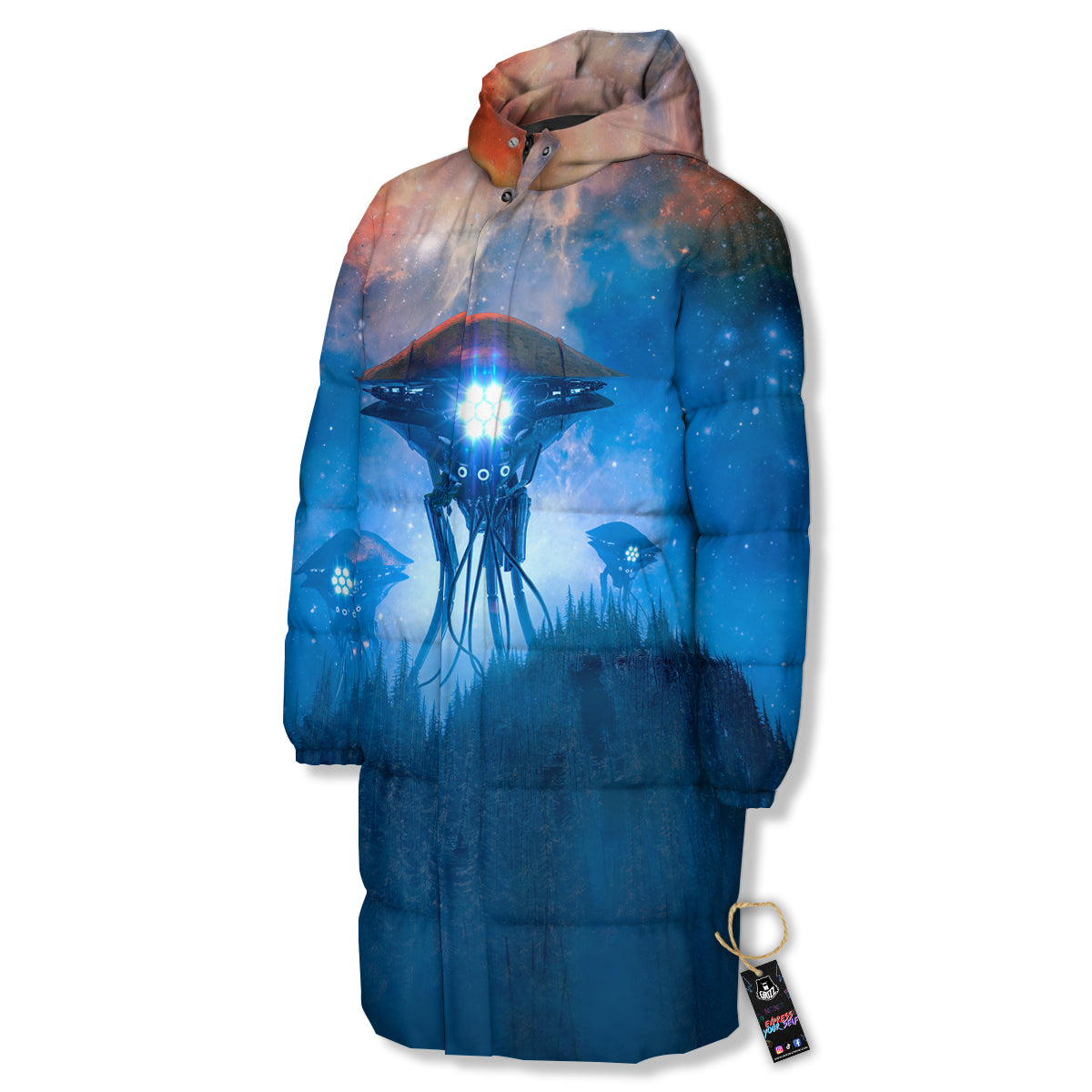Alien Machines Print Long Down Jacket