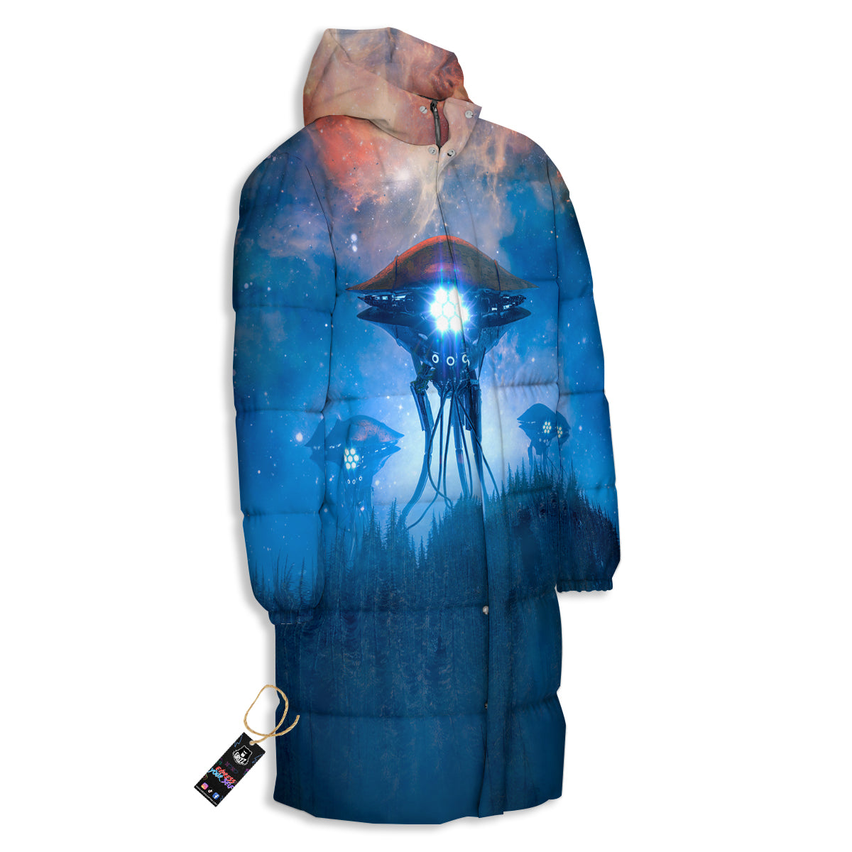 Alien Machines Print Long Down Jacket