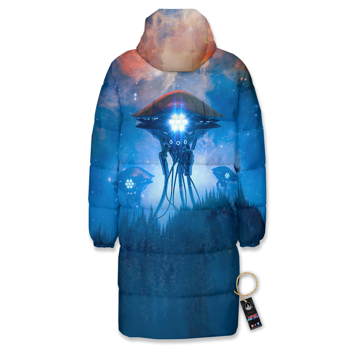 Alien Machines Print Long Down Jacket