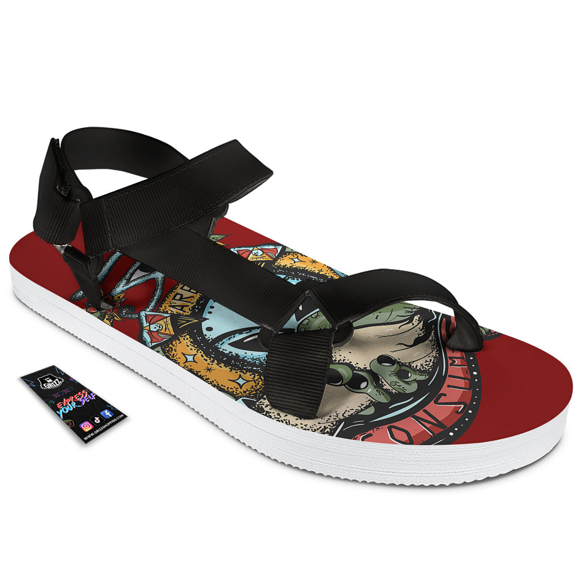 Aliens Area 51 Print Black Open Toe Sandals-grizzshop