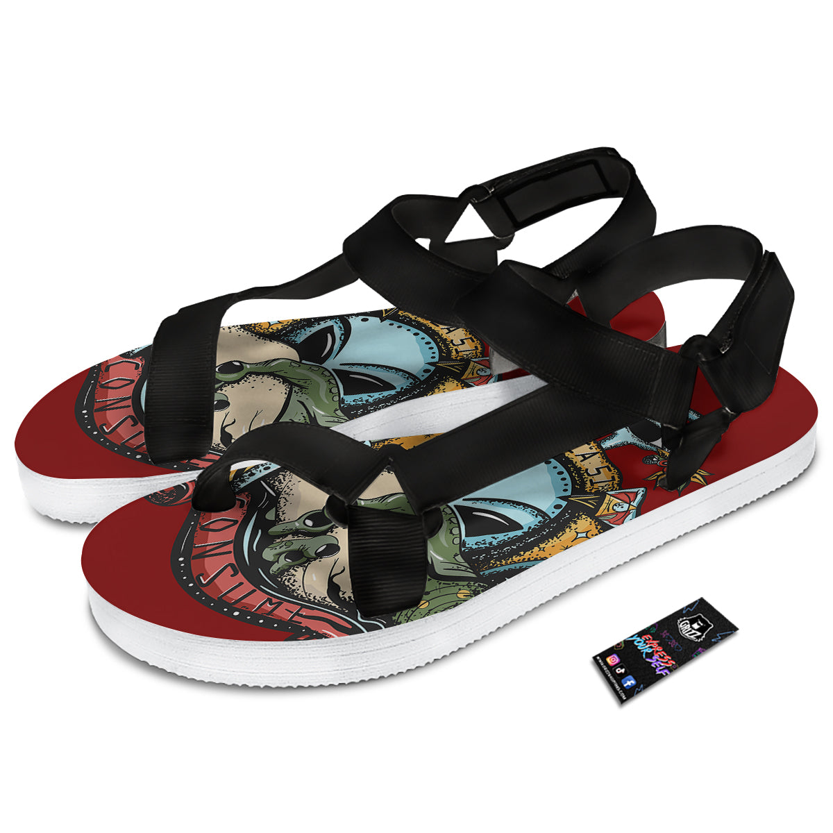 Aliens Area 51 Print Black Open Toe Sandals-grizzshop