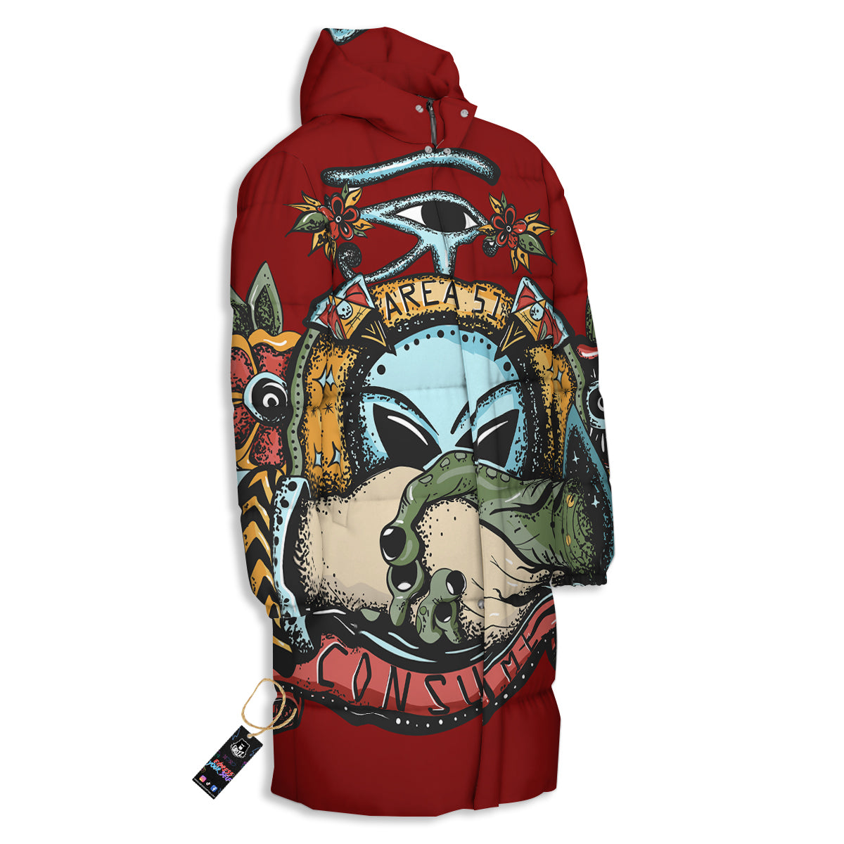 Aliens Area 51 Print Long Down Jacket-grizzshop