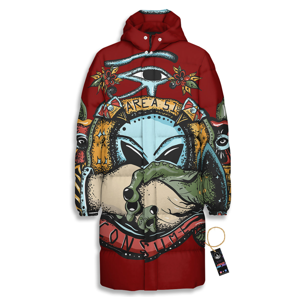 Aliens Area 51 Print Long Down Jacket-grizzshop