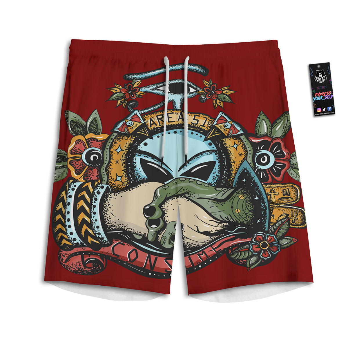 Aliens Area 51 Print Men's Athletic Shorts