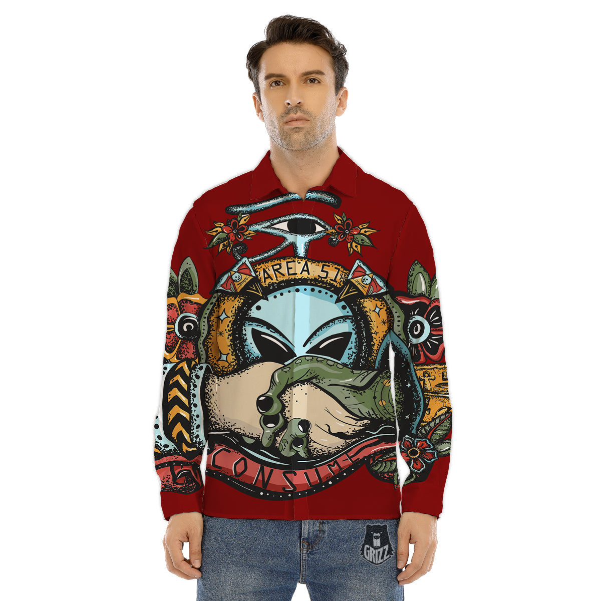 Aliens Area 51 Print Men's Dress Shirts-grizzshop