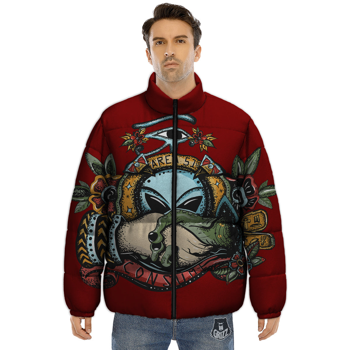 Aliens Area 51 Print Puffer Jacket-grizzshop