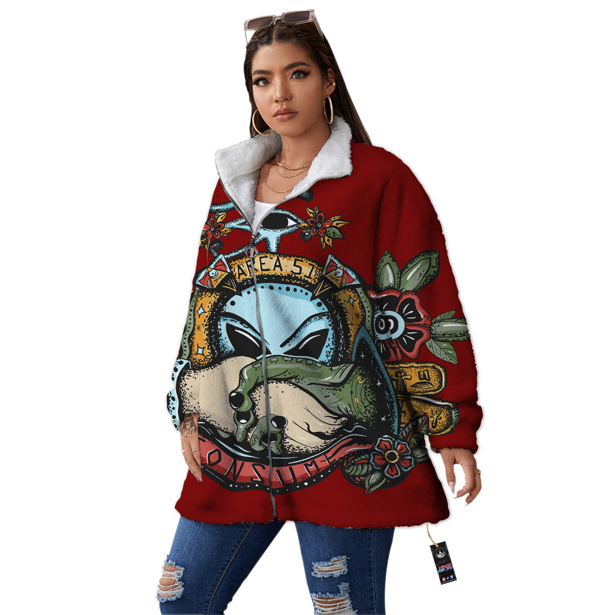 Aliens Area 51 Print Women's Sherpa Jacket-grizzshop