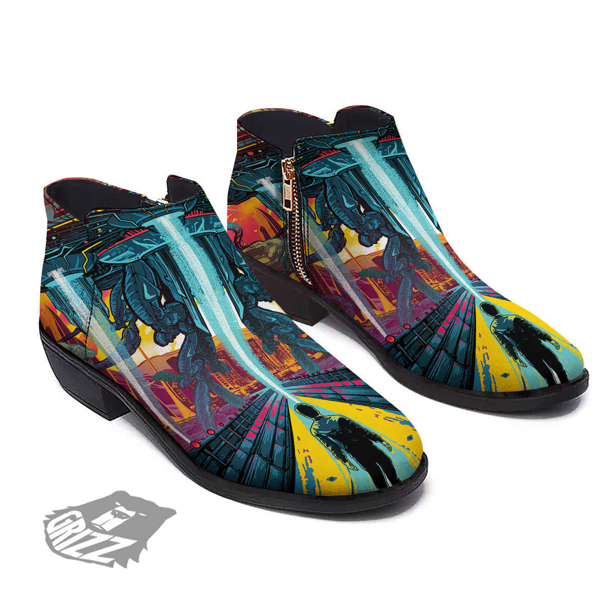 Aliens Invade earth Print Ankle Boots-grizzshop