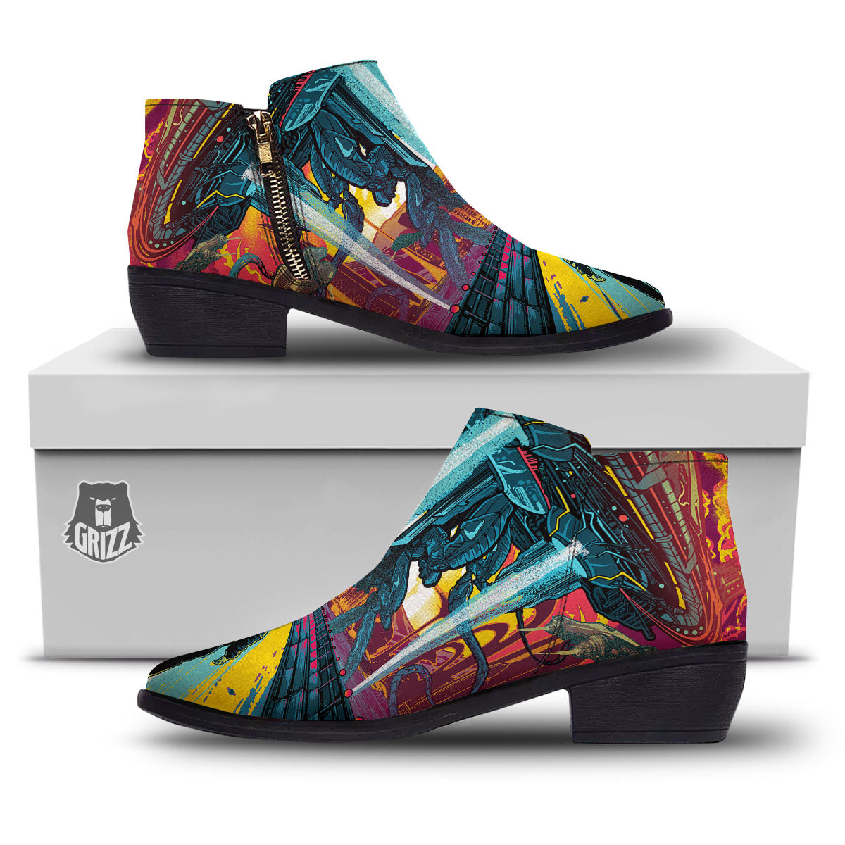 Aliens Invade earth Print Ankle Boots-grizzshop